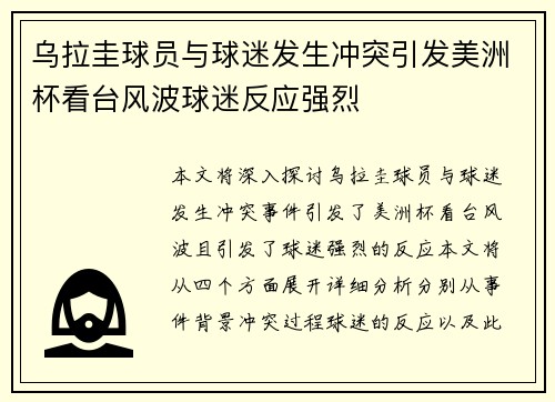乌拉圭球员与球迷发生冲突引发美洲杯看台风波球迷反应强烈